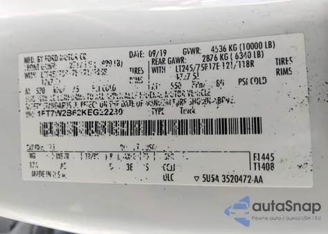 2019 Ford F250 Xl из США, поврежденный, VIN 1FT7W2B62KEG22230